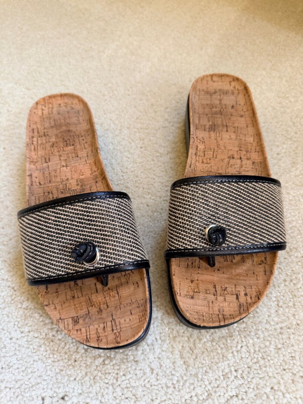 DONALD PLINER FARRAH cork black tan tweed block sandals, sz 8.5